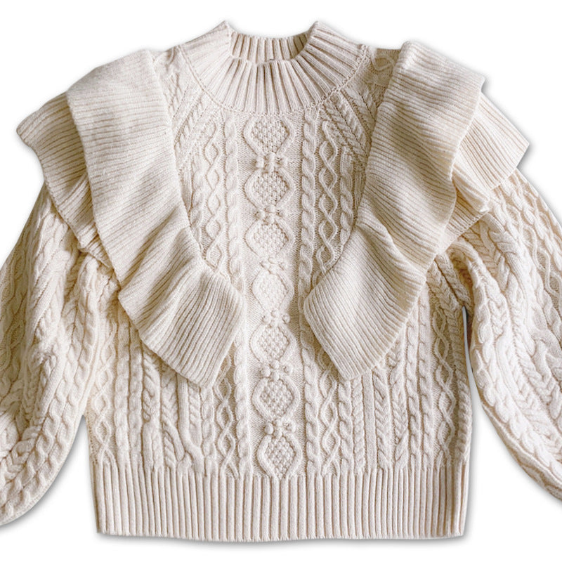 New Arrival half high neck wool knitted solid color knitwear lantern sleeve stylish ruffles mujer sweater