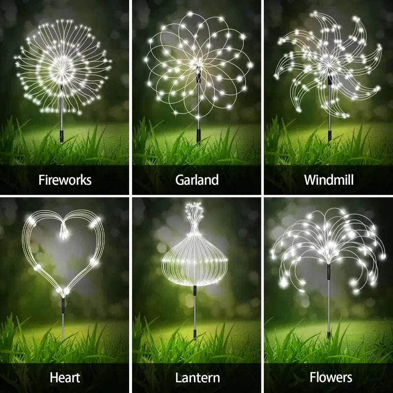 8-pack solar garden fireworks lights, suitable for outdoor use, 8 modes, 480 LED bulbs.