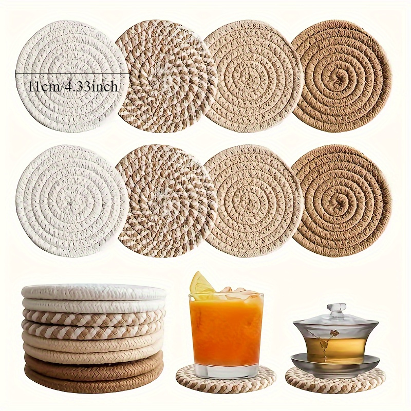 6-piece elegant woven polyester coaster set with black metal stand