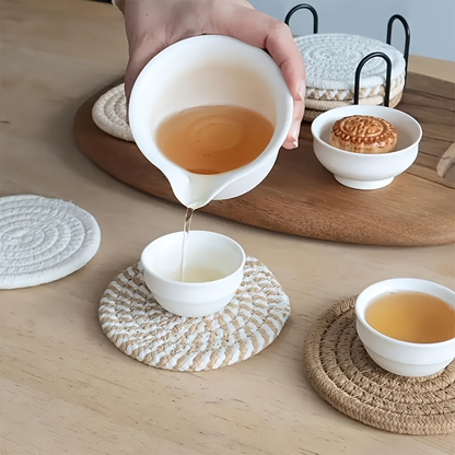 6-piece elegant woven polyester coaster set with black metal stand