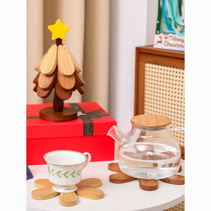 5-piece set of natural black walnut wood Christmas tree insulated coasters