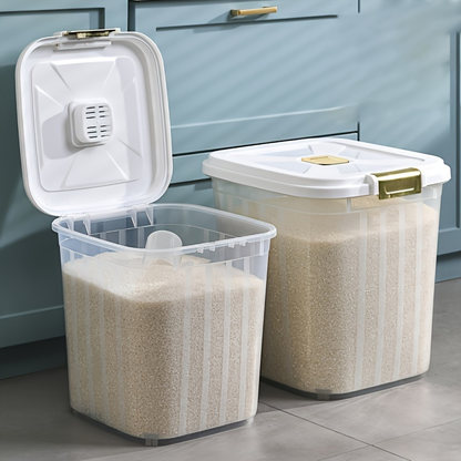 One large, airtight, transparent grain storage container.