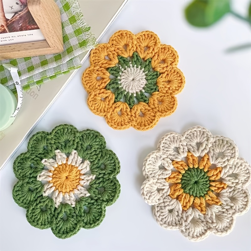 3 small flower coasters, placemats, crocheted heat-insulating mats
