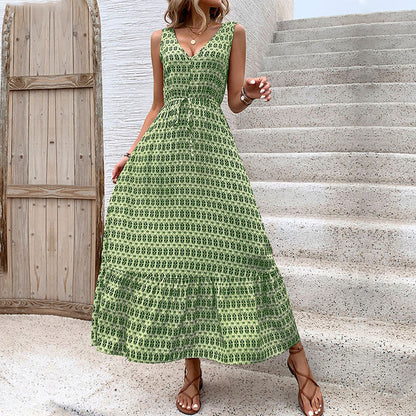 Zaba Clothing Women’s Elegant Diamond Print Sleeveless V-Neck Tie-Waist Maxi Dress