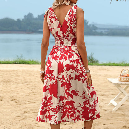 Women’s Clothing Elegant Plant Print V-Neck Sleeveless Bohemian Style Vacation Dress