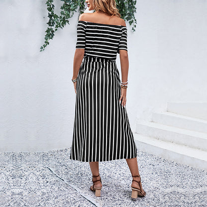 Zaba Clothing Women Summer Elegant Off-Shoulder Striped Tie Waist Midi Dress
