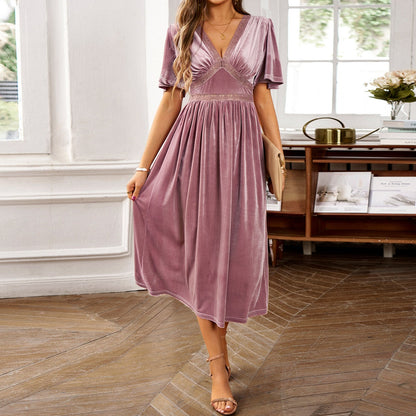 Women’s Clothing Summer 2026 Elegant Solid Color Velvet Embroidered Spliced V-Neck Short Sleeve Midi Dress