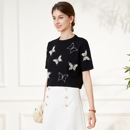 New Arrivals casual crew neck butterfly jumpers women Hot drill short sleeve pullover sweaters