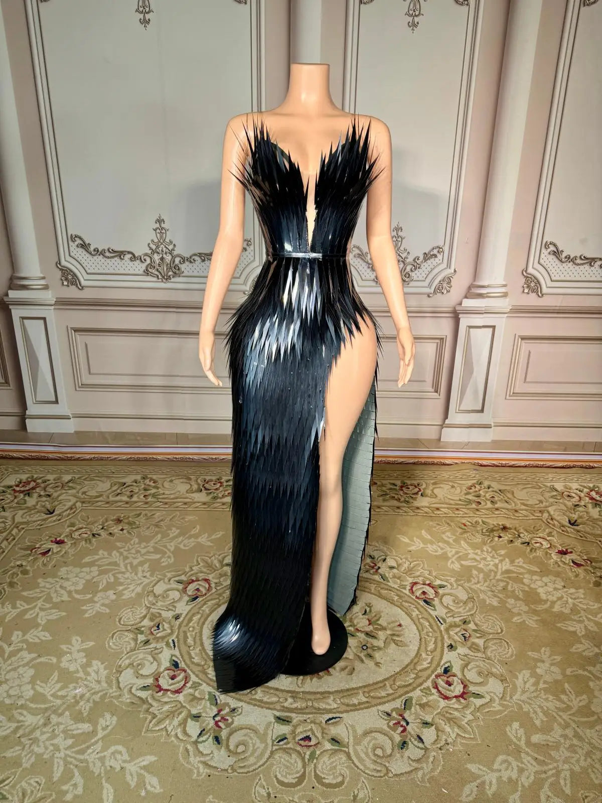 ZD Women’s Sequin Beading Appliques Floor-Length A-Line Nightclub Dress Sexy Deep V Neck Halter High Side Slit Natural