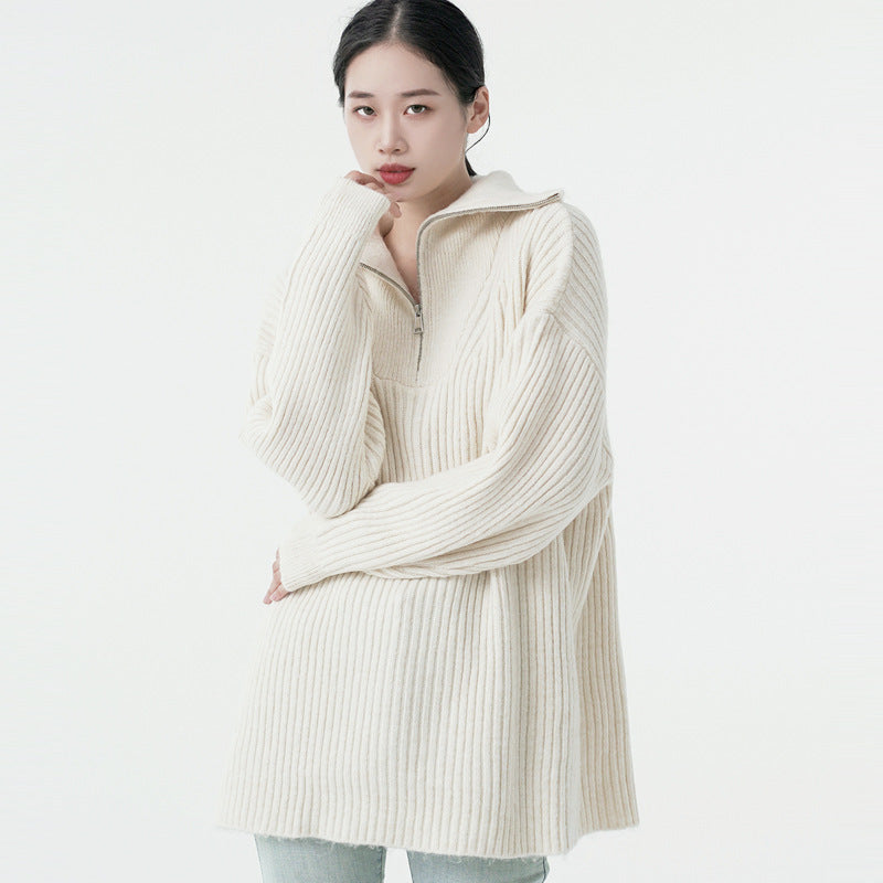 Knitwear autumn winter zipper turn down collar long sleeve luxury women cashmere pullover sweater