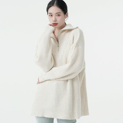 Knitwear autumn winter zipper turn down collar long sleeve luxury women cashmere pullover sweater