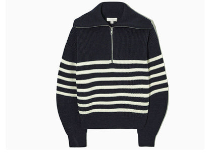 lapel collar knitwear women lantern sleeve striped casual oversize elegant knitted sweater tops