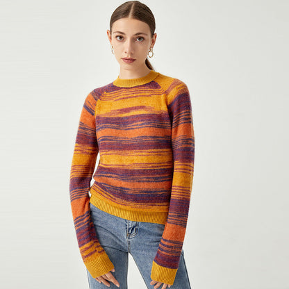 autumn winter thicken tie-dye printed crew neck knitwear long sleeve slim fit casual knit baby mohair sweaters