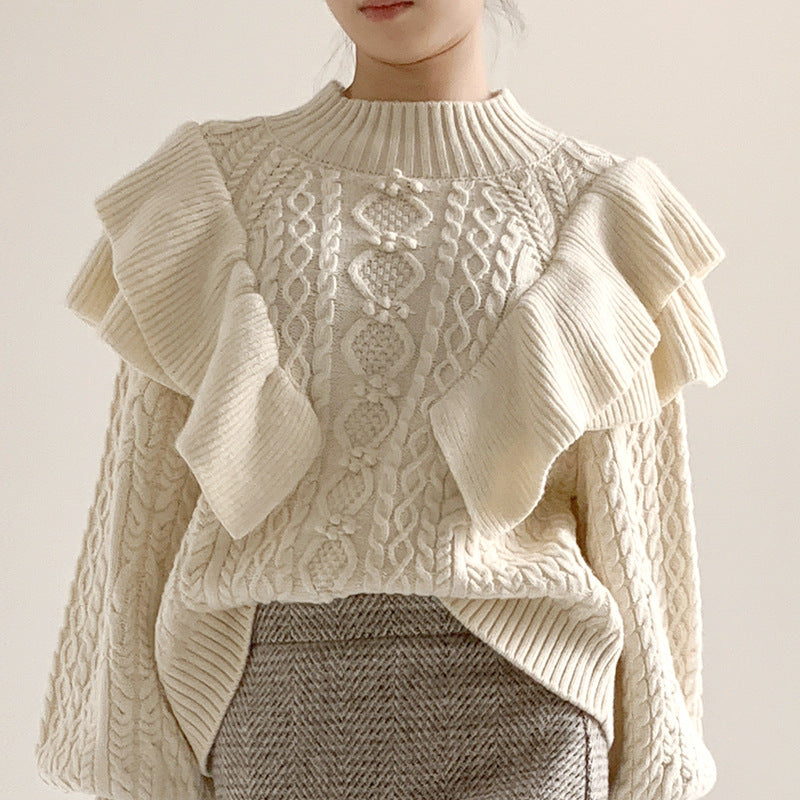 New Arrival half high neck wool knitted solid color knitwear lantern sleeve stylish ruffles mujer sweater