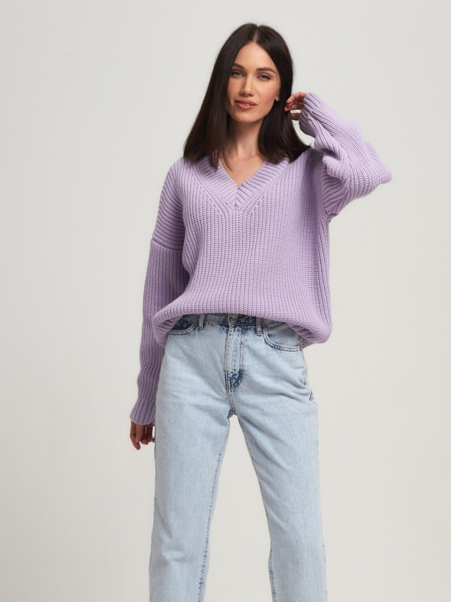 Trending Fall Winter Loose v neck jumpers casual pullover knitted elegant thicken sweater for women