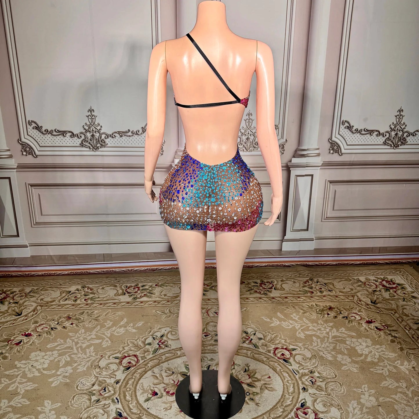 ZD Bodycon Natural Waistline Colored Rhinestone Geometric Pattern Night Club Sexy Backless Mini Evening Dress for Birthday Party