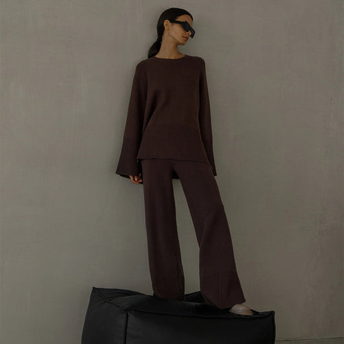High Quality pure color twinset Oversize knitwear women casual side split knitted 2 piece matching outfits