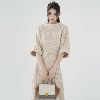 High-end design knitwear solid color women slim waist summer half-sleeve A-line long cable knitted dress