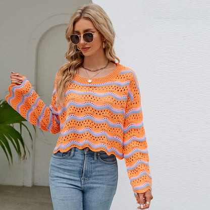 round neck striped sweaters women pullover oversize hollow out wave edge beach wear jumper mujer