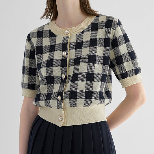 Trending Summer British style short sleeve cardigans women’s thin round neck checkerboard knitted top