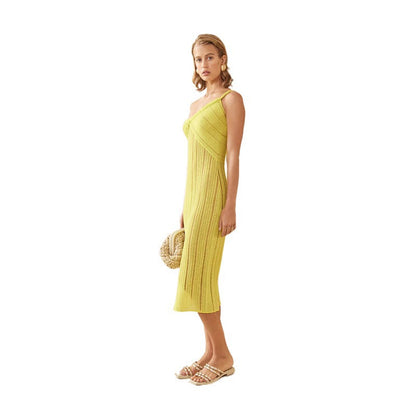 summer fashion knitted One Shoulder irregular design omen’s sexy stylish hollow out see through mini vacation dress
