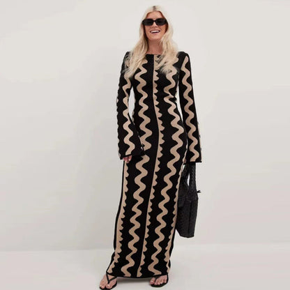 High quality Round neck wavy stripes knitwear color contrast flared sleeves wool slim fit elegant maxi knitted long dres