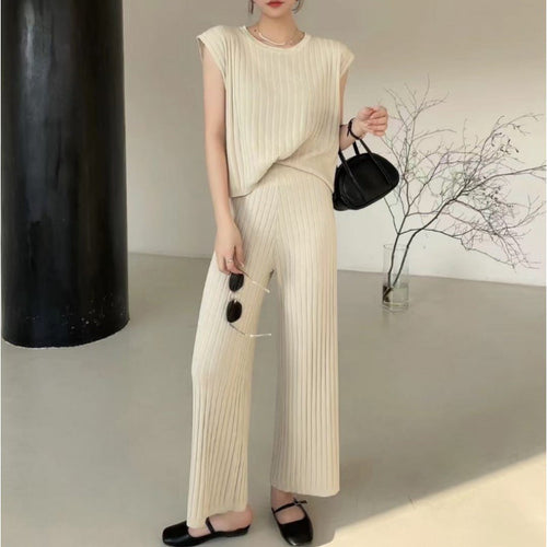 Trending Fashion summer sleeveless basic sweaters wide leg pants elegant knitted loungewear women two piece pants set