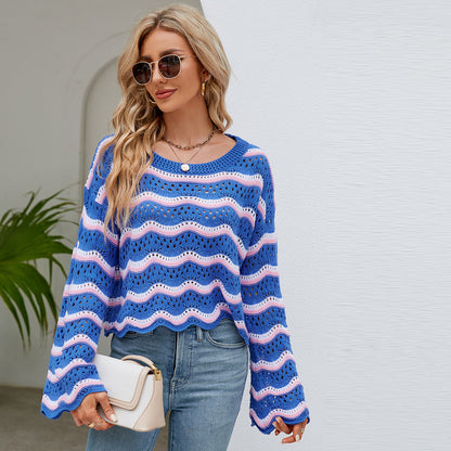 round neck striped sweaters women pullover oversize hollow out wave edge beach wear jumper mujer