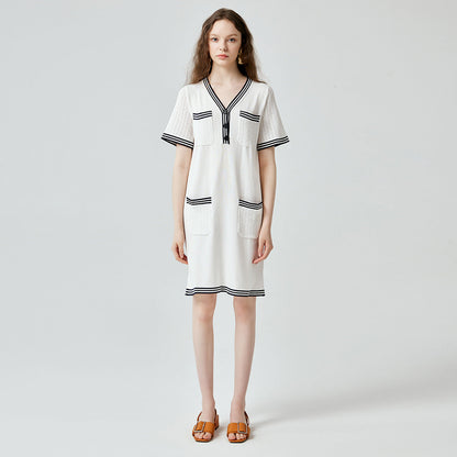 High quality elegant v neck knitwear temperament commuter pullover ladies striped midi knitted dress with pockets