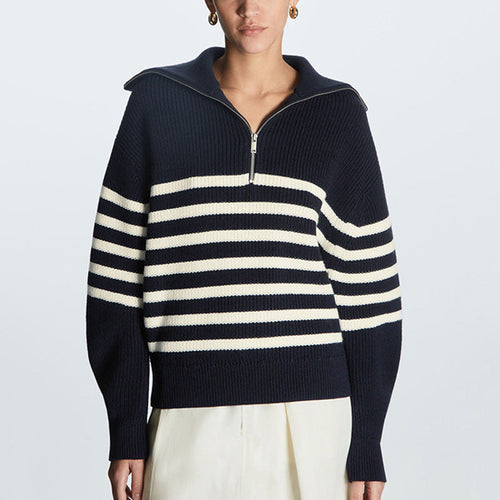 lapel collar knitwear women lantern sleeve striped casual oversize elegant knitted sweater tops