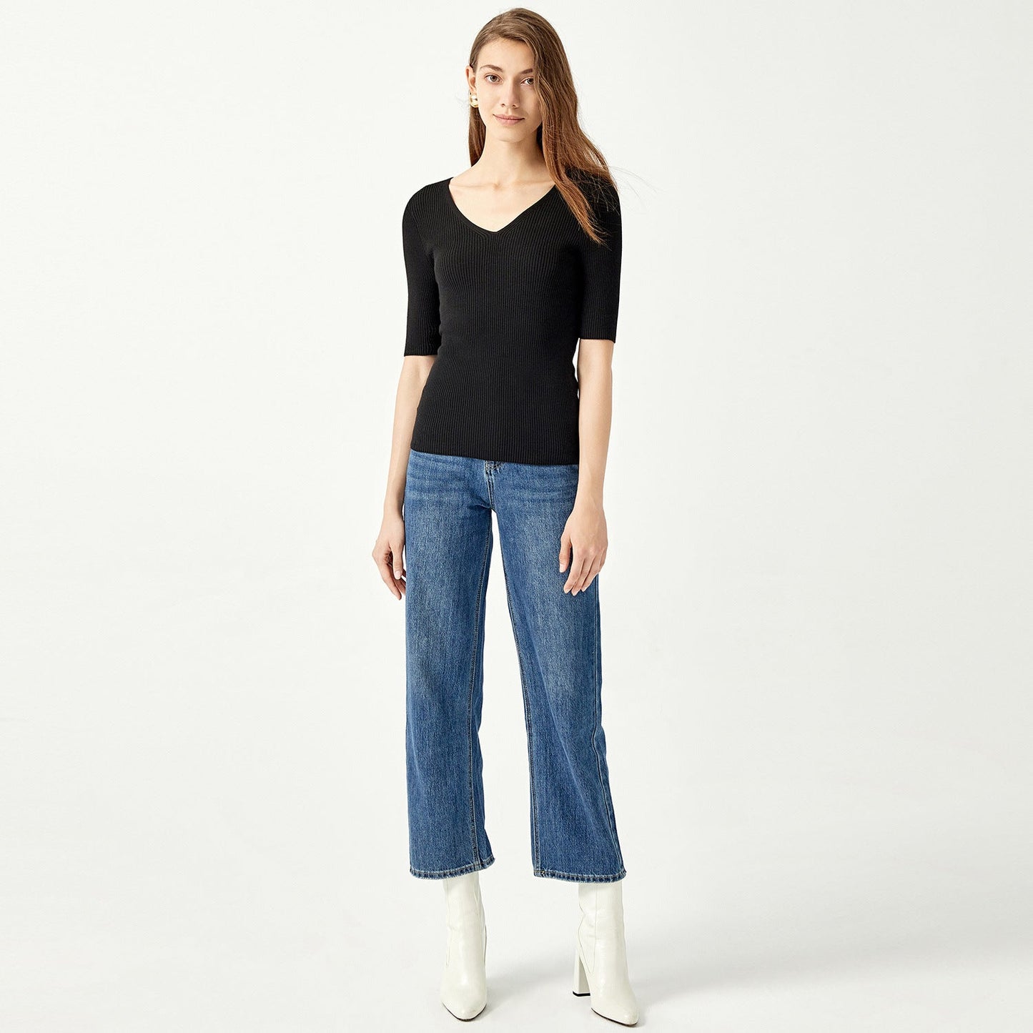 Hot selling single color deep v neck elegant knitwear slim fit sweater knitted sweater