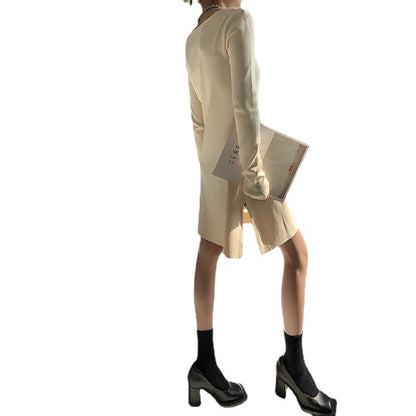 pure color asymmetrical neck pullover knitwear elegant Design sense niche knit dress women long sleeve base skirts