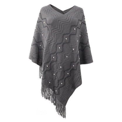 New Arrivals winter warm Wavy knitted tippet v neck casual fashion striped fringed cape coat for women