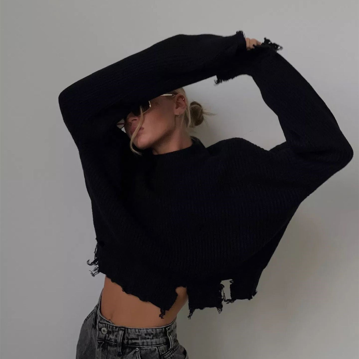 2026 Latest design crew neck ripped sweaters oversize wool knit tops elegant solid color mujer jumpers