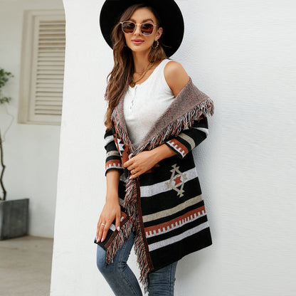 fashion women sweaters hooded knitted tassel cardigan jacquard sweater