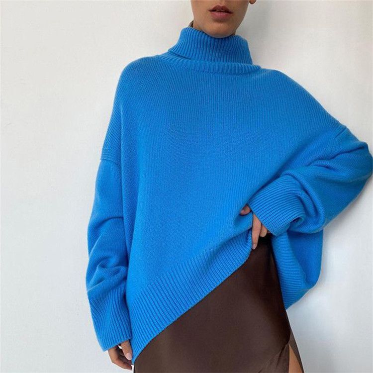 Fall winter fashion ladies sweater loose turtleneck pure color knitted pullover long casual knitwear