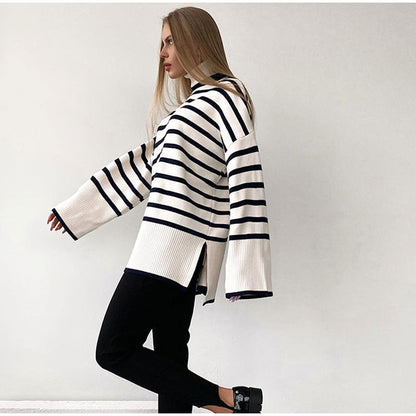 high neck striped loose knitwear women elegant side split contrast color sweaters for women