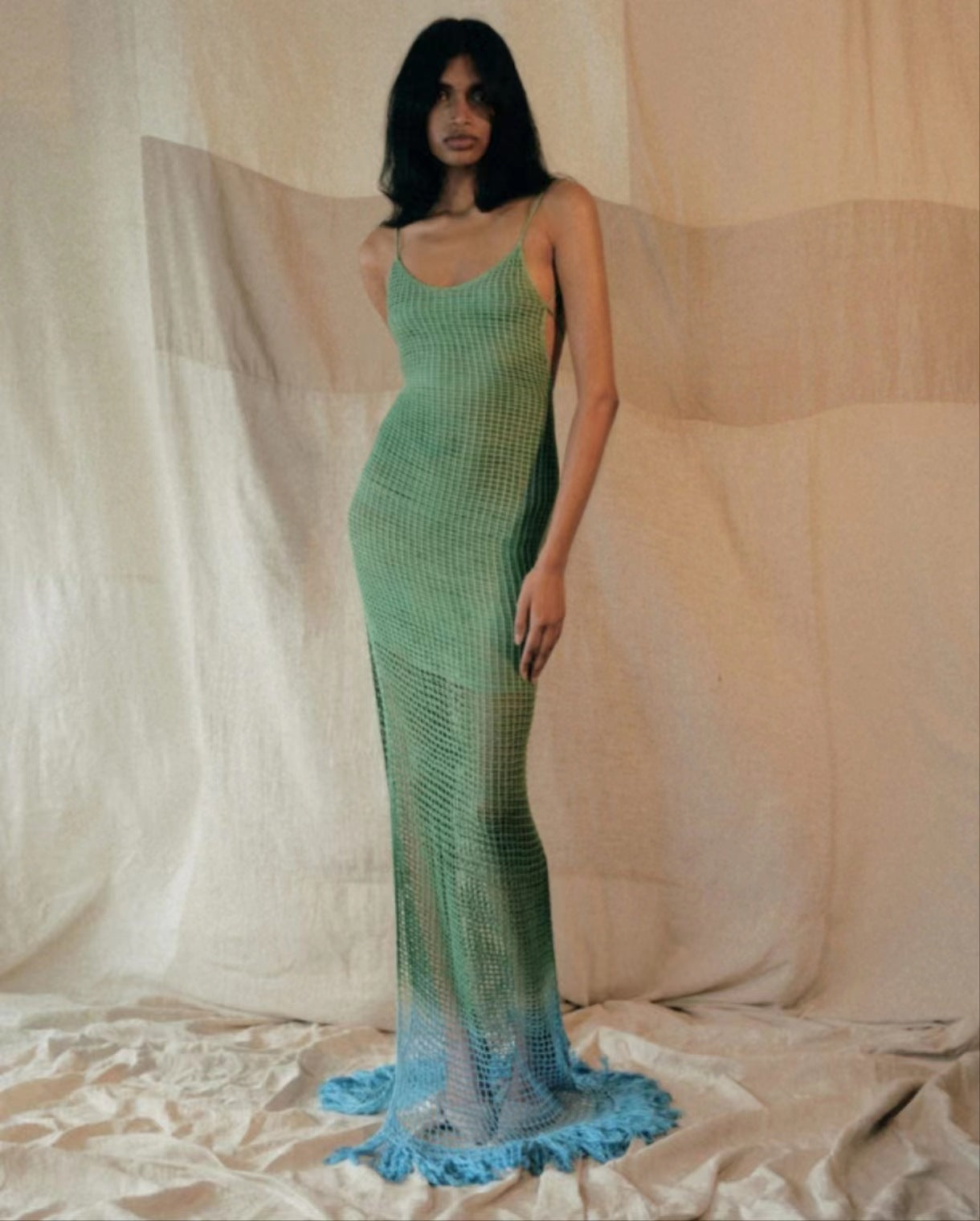 New Arrival backless bandage knitwear women summer color blocking one piece long dress with tassel