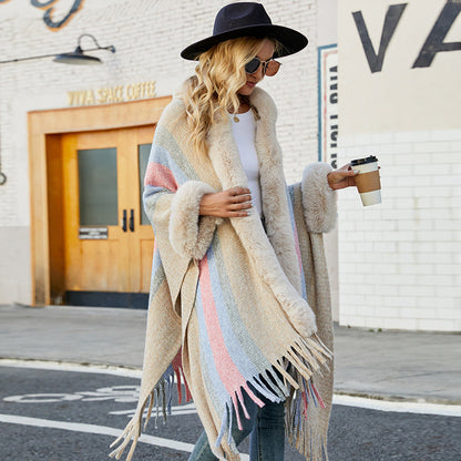 Hooded shawl women cappa autumn winter fur collar sweaters coats striped knitted fringe cape