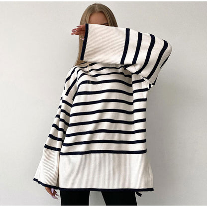 high neck striped loose knitwear women elegant side split contrast color sweaters for women