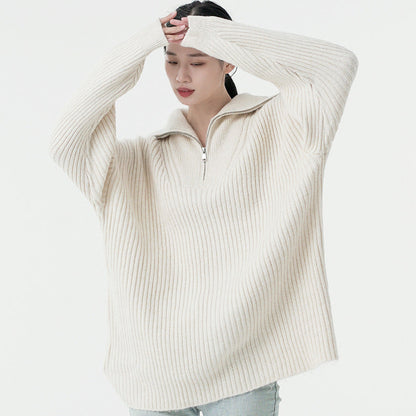 oversize casual knitwear pure color turn down collar INS stylish elegant designer sweaters women