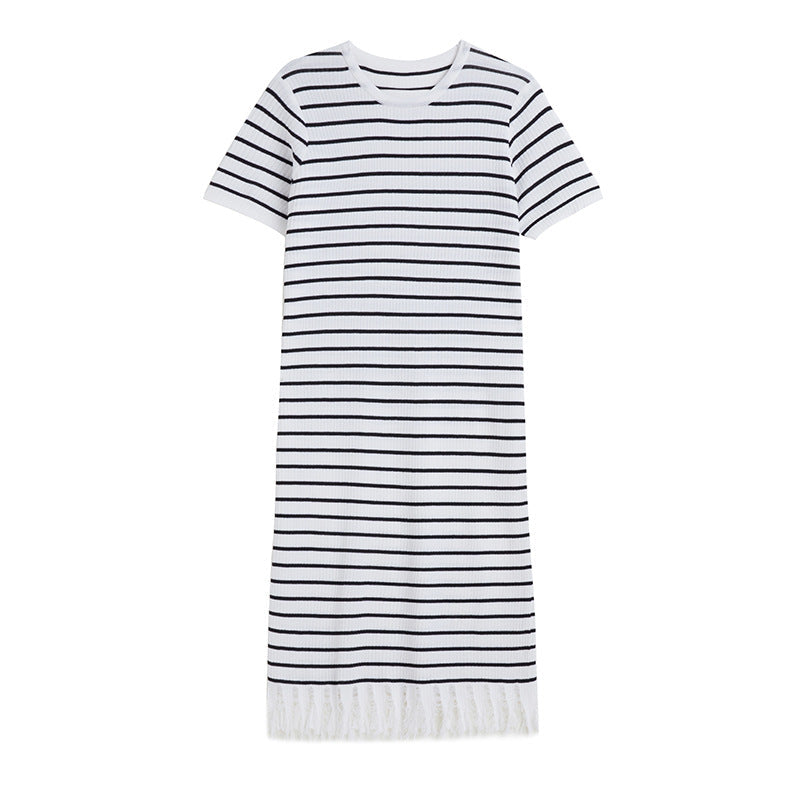 spring summer round neck pullover loose knitwear midi women casual striped knitted dress with tassel