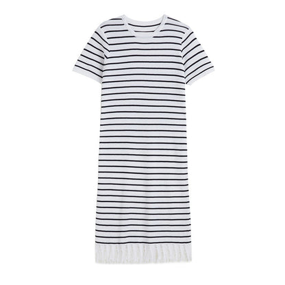 spring summer round neck pullover loose knitwear midi women casual striped knitted dress with tassel