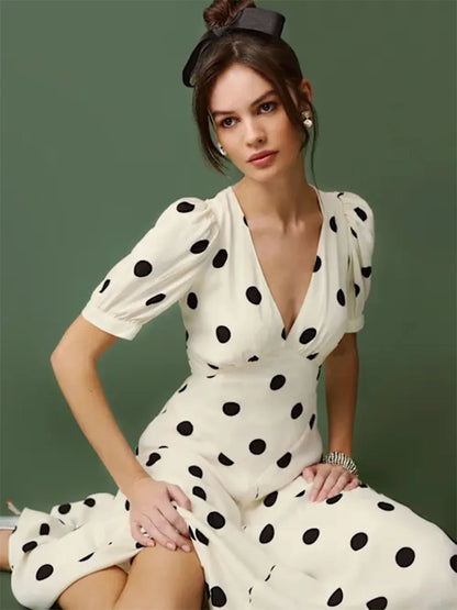 Women Ivory Black Polka Dot Puff Sleeve Deep V Neck Maxi Dress Formal Party Evening Elegant Outfit