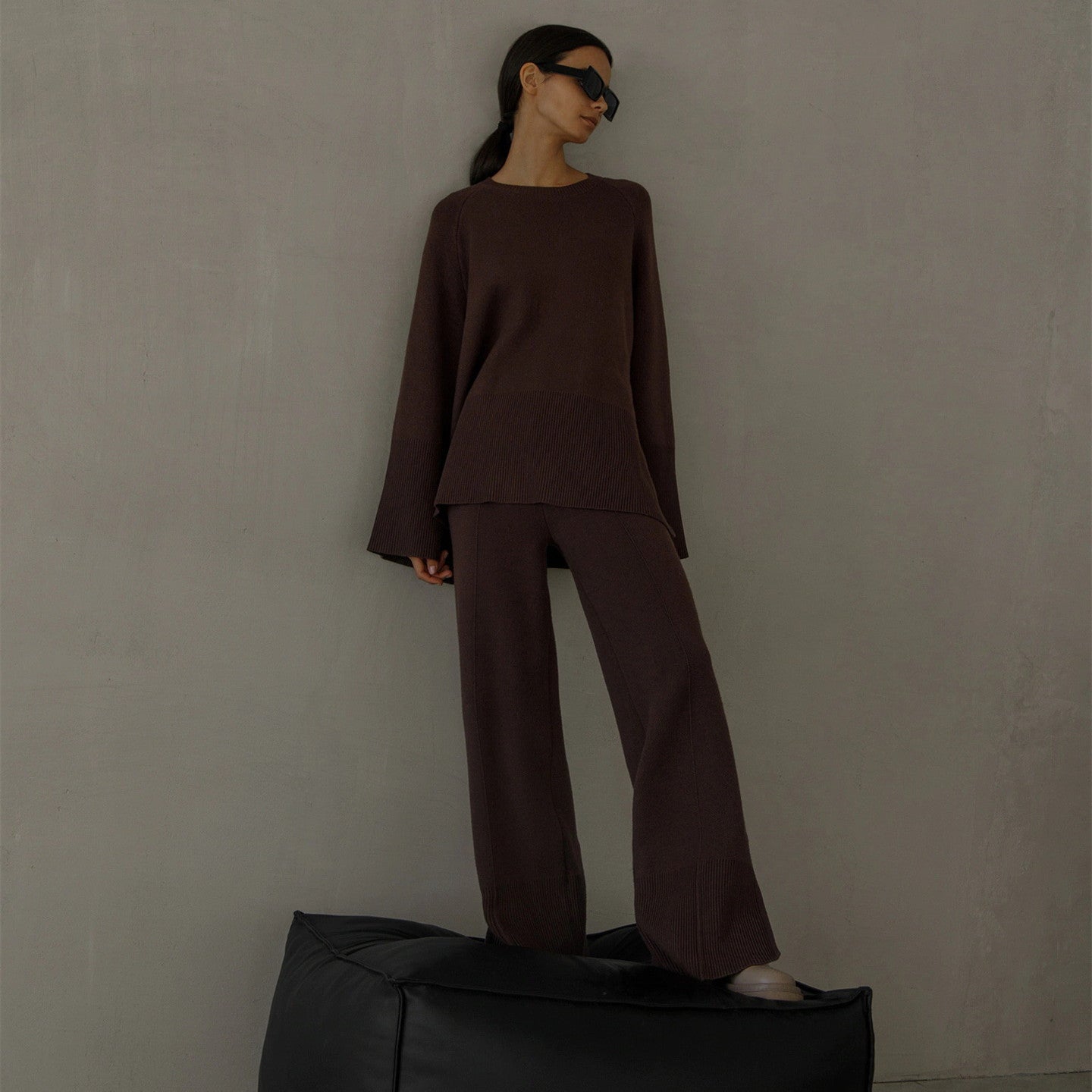 Clothing elegant pullover loungewear women fashion high quality solid color knitted wide leg pants 2 piece set