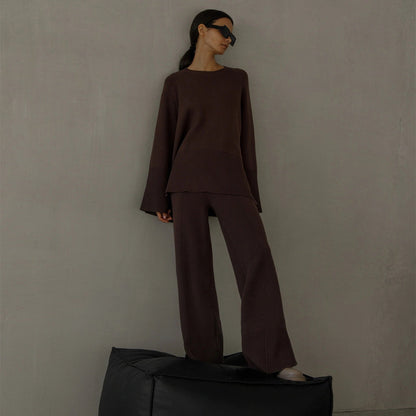 Clothing elegant pullover loungewear women fashion high quality solid color knitted wide leg pants 2 piece set