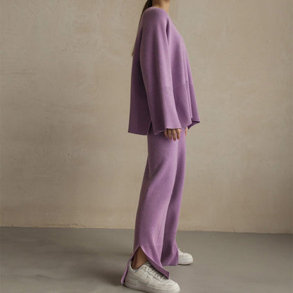 High Quality pure color twinset Oversize knitwear women casual side split knitted 2 piece matching outfits