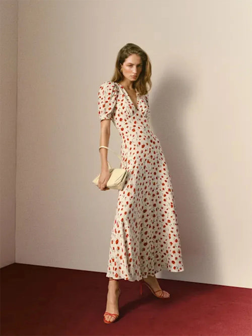 Women Ivory Red Floral Print Short Sleeve Deep V Neck Midi Dress Formal Daily Elegant Summer Breathable Natural Waistline Outfit