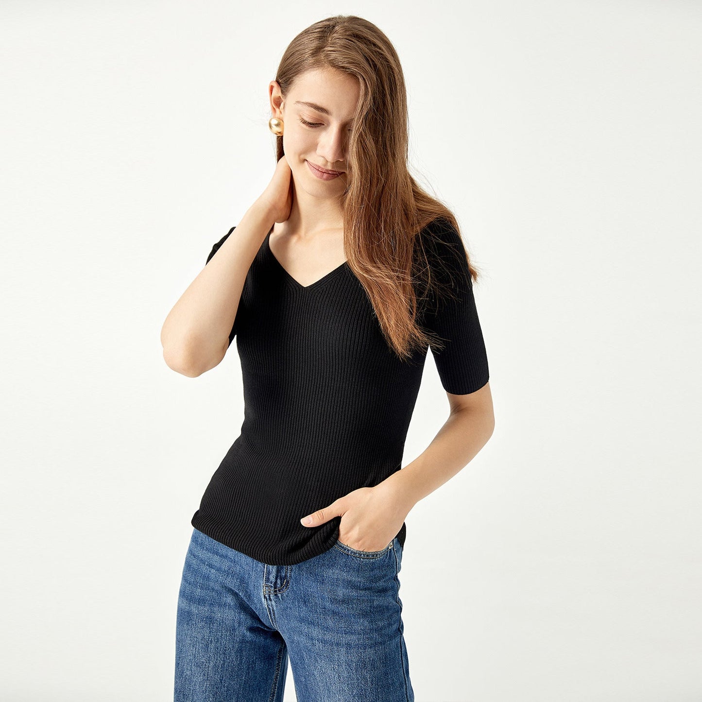 New design Five-quarter sleeve v neck Knitwear Spring summer Solid color Pullover elegant Women Sweater