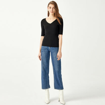 New design Five-quarter sleeve v neck Knitwear Spring summer Solid color Pullover elegant Women Sweater